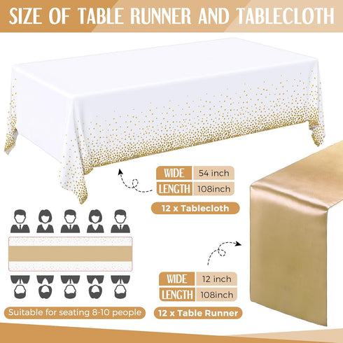 24 Packs Set, 54 108 Inch 12 108 Inch Breling White and Gold Disposable Plastic Tablecloths and Satin Table Runner x