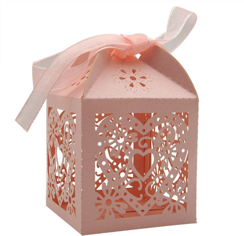 KPOSIYA 100 Pack Love Heart Laser Cut Wedding Party Favor Box Candy Bag Chocolate Gift Boxes with Ribbons