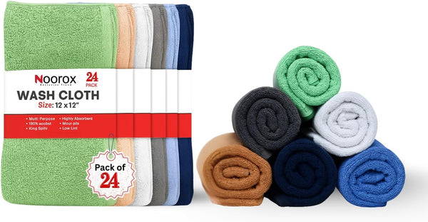 Washcloths 12x12 Inch Pack of 24 Soft, Absorbent, Quick-Dry Cotton Towels for