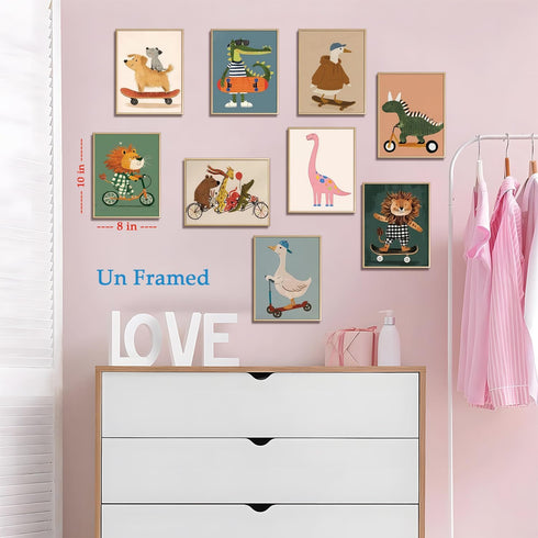SAMHOU Set 9, 8x10 Inch Kids Room Wall Art of Funny Cute Cartoon Animal Canvas Prints, Nursery Wall Decor Paintings