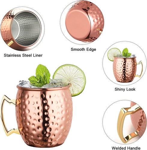 LIVEHITOP Moscow Mule Mugs Set of 4, Handcrafted Copper Cocktail Cups with Coasters for Cold Drinks and Parties