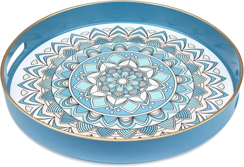 13 Round Cyan Decorative Tray for Coffee Table, Ottoman, Plastic Serving Platter Tray with Handles for Entertaining