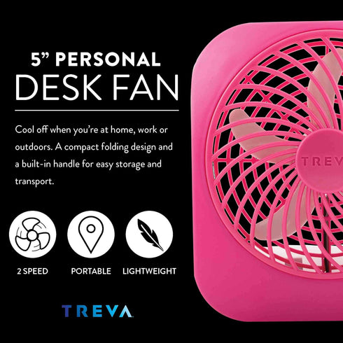 O2COOL Treva 5 Inch Battery Powered Fan, Portable Desk Fan with 2 Cooling Speeds, Compact Folding Design (Raspberry)