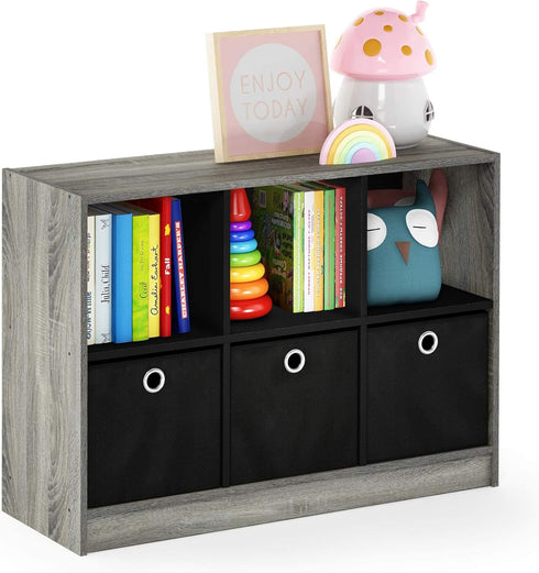 Furinno Basic 3x2 Cube Storage Bookcase Organizer with Bins in French Oak Grey/Black