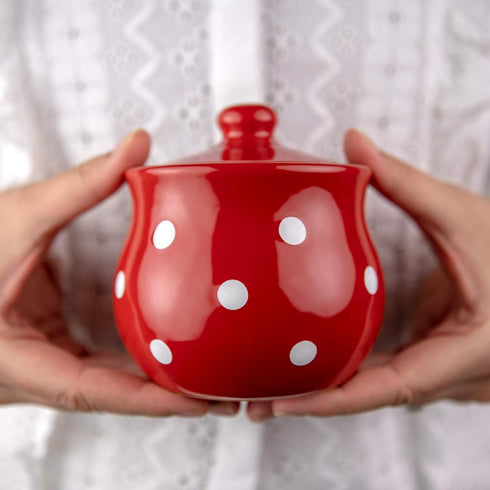 City to Cottage Ceramic Sugar Bowl with Lid, 10oz Sugar Container for Coffee Bar, Handcrafted Red Polka Dot