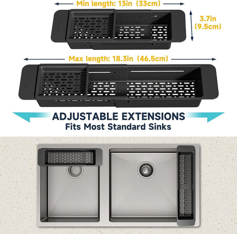 NiHome Extendable Over Sink Kitchen Organizer, Telescopic Sink Storage Rack for Sponge, Non-Slip Pads Expandable Sink Caddy, Adjustable Sponge/Brush Rack with Drainage Durable ABS Material (Black) by NiHome