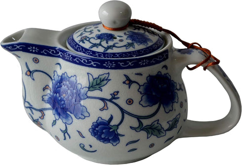 Blue White Peony Flower Teapot, 500ml Porcelain Kettle with Stainless Infuser (Mudan Flower)