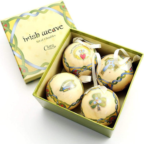 Royal Tara Irish Christmas Ornaments, Plastic Globe Baubles, Boxed Set of 4