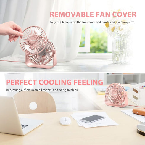 FARADAY USB Desk Fans, 5 Inches Portable Table Fans with 360° Head Rotation, Small Personal Desktop Fan (Pink)