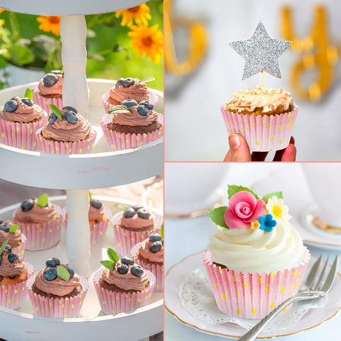 Funtery 300 Count Pink Cupcake Liners, Pink Gold Cupcake Wrappers for Baby Bridal Shower, Birthday Tea Party