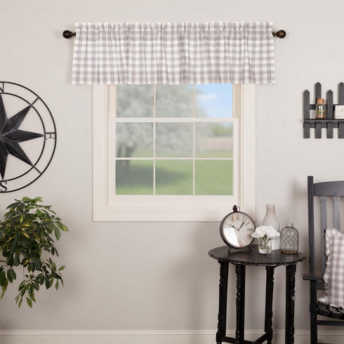 VHC Brands Annie Buffalo Check Farmhouse Kitchen Window Curtains - Lined Valance, 16x72, White & Grey