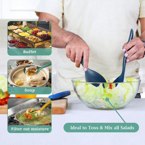 Reusable Plastic Serving Utensils Set of 24, Wheat Straw Large Serving Spoons, Slotted Spoons, and Tongs (Orange/Blue)