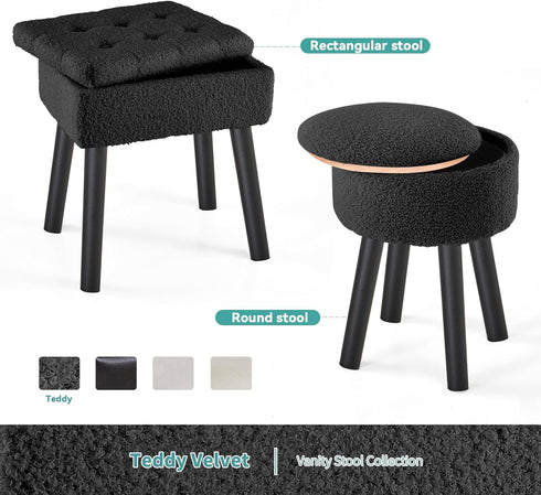 BRIAN & DANY Vanity Stool, Sherpa Vanity Stool Chair with Storage, Rectangle Makeup Chair Soft Padded Seat with Legs