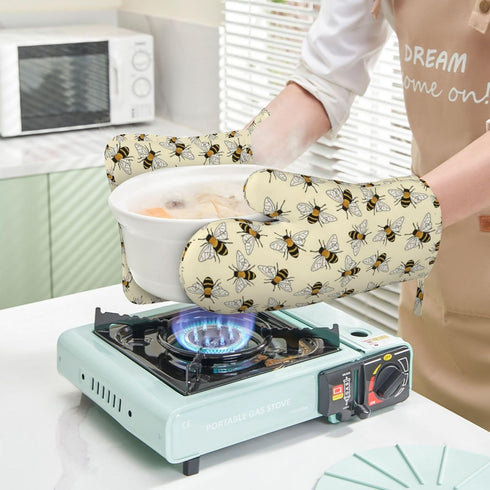 Happy Busy Bees Kitchen Mitts and Pot Holders Set, 4Pcs Silicone Bees Oven Gloves, Heat Resistant Potholders for Baking
