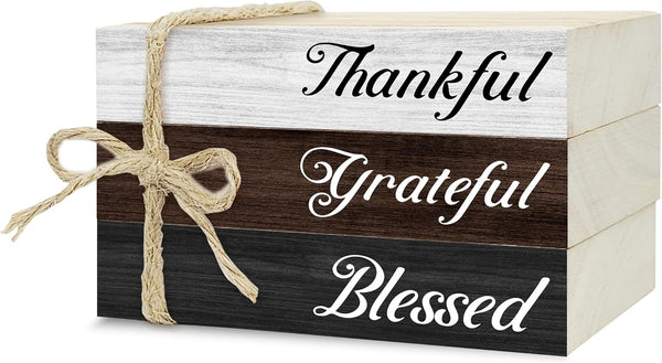 Ycyfckdr Decorative Books For Home Decor, Wood Book Stack For Table Decor, Thankful