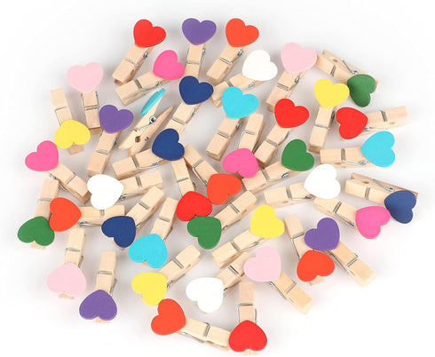 jijAcraft 100Pcs Clothespins with String - 1.4 Inch Wooden Clothes Pins with Heart, 10 Colors Mini Photo Clips with