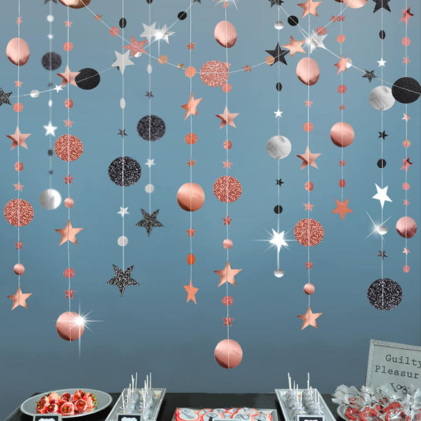 Decor365 Black Glitter Rose Gold Circle Garlands - Twinkle Little Star Party Decoration Hanging Banner Backdrop for