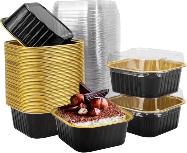 50 Pcs Mini Square Baking Cups with Lids, 5oz Aluminum Foil Mini Cake Pans for Wedding Birthday Party, Black Gold