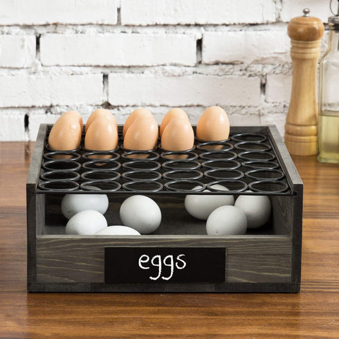 2 MyGift Vintage Gray Wood Egg Tray Holder with Black Metal, Tier Egg Storage Tray with Erasable Chalkboard Label