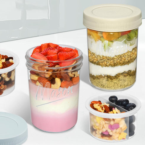 16 oz 6-Pack Xyptorix Overnight Oats Containers with Lids, Leak-Proof Wide Mouth Mason Jars & Separate Compartments