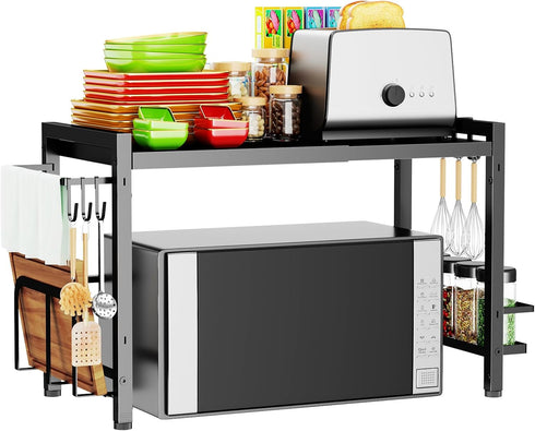 Microwave Oven Rack: Expandable Stand for Kitchen Utensils Tableware Storage with 6 Hooks
