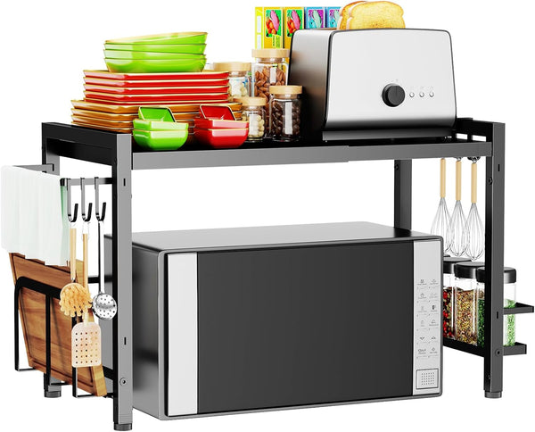 Microwave Oven Rack: Expandable Stand for Kitchen Utensils Tableware Storage with 6 Hooks