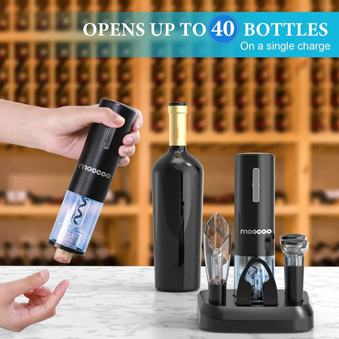 Moocoo Electric Wine Opener with Charging Base, Cordless Bottle Opener with 2-in-1 Aerator & Pourer, Easy Storage