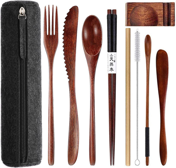 Reusable Bamboo Cutlery Set 9 Pcs - Wooden Utensils for Eating with Case, Fork, Spoon, Knife, Chopsticks, Flatware