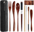 Reusable Bamboo Cutlery Set 9 Pcs - Wooden Utensils for Eating with Case, Fork, Spoon, Knife, Chopsticks, Flatware