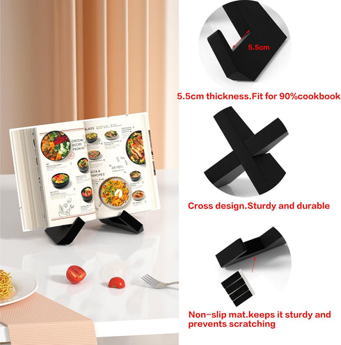 Cookbook Stand for Kitchen, Black Recipe Book Holder for Counter, Wooden Plate Display Stand for Tabletop