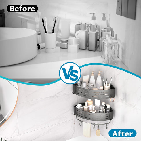 Onemake Corner Shower Caddy Suction Cup, Aluminum Wall Mounted Organizer Shelves Storage Rack with Towel Bar for Small