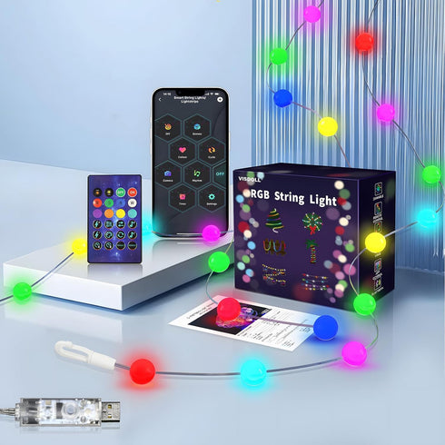 32.8Ft 66LEDs Christmas String Lights Indoor RGB Smart Twinkle Light with Music Sync RF Remote APP Control, USB Powered