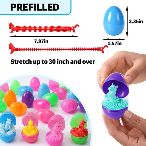 24 Pack Yunfan Prefilled Easter Eggs with Dinosaur Stretchy Strings Fidget Toys Stress Reliever Sensory Squeeze Toys