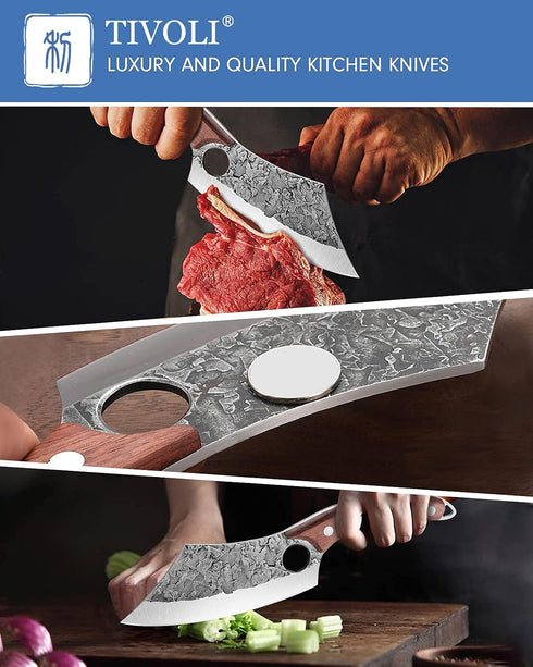 TIVOLI Meat Cleaver Knife, Hand Forged Full Tang Butcher Knife for Meat Cutting, High Carbon Steel with Sheath