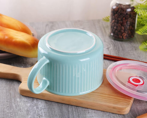 WHJY 30oz Ceramic Bowl with Lid and Handle for Soup, Instant Noodles, Modern Style, Heat Preservation Handle - Blue