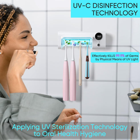 StarWin UV Toothbrush Cleaner, Rechargeable Wall-Mounted Tooth Brush Holder with Timer Function, 4 Slots, No Drilling