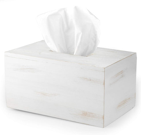 Ilyapa Wood Tissue Box Cover Rectangular, Rustic Farmhouse White Wooden Holder