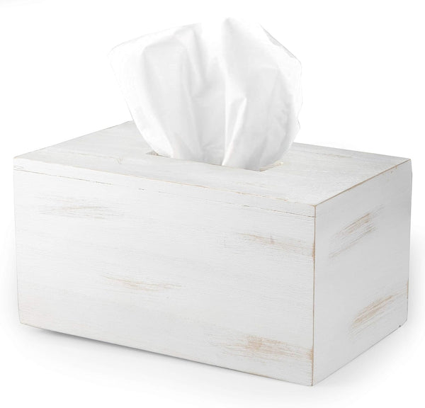 Ilyapa Wood Tissue Box Cover Rectangular, Rustic Farmhouse White Wooden Holder