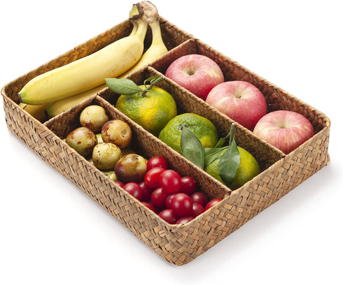 Seagrass Storage Basket with 4 Compartments, Rectangular Utensil Tray for Silverware Flatware Organization