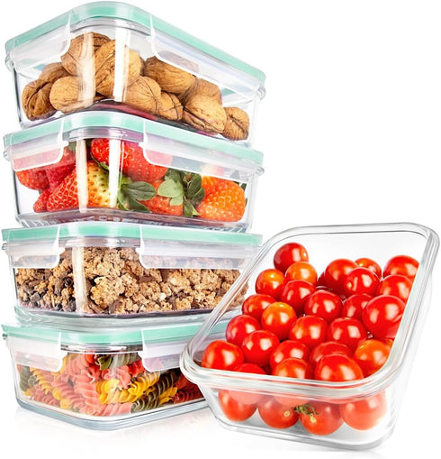 NutriChef 5-Piece 30 oz Reusable Glass Meal Prep Containers, Stackable Kitchen Storage with Locking Lids