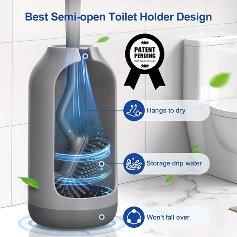 HAMITOR Toilet Bowl Brush Holder Set, Deep Cleaning Silicone Scrubber for Bathroom - Gray