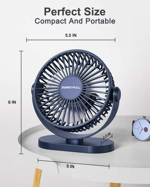 SWEETFULL USB Desk Fan, Small Quiet 3 Speeds Mini Portable Fan, 5 Inch 360° Rotation for Office Desktop (Blue)