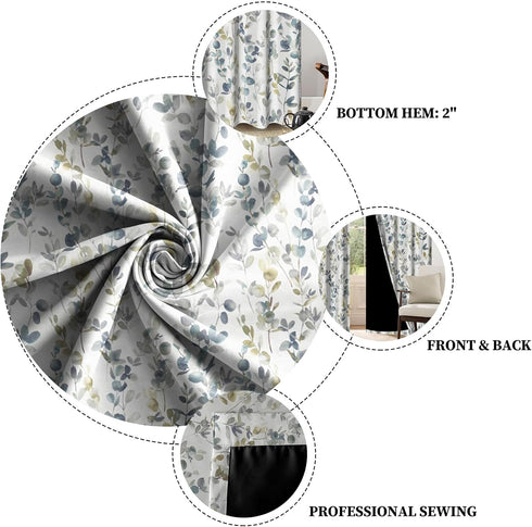 84" 42" 2 Set Renaiss Botanical Herbs Blackout Curtains, Vintage Eucalyptus Leaf Thermal Insulated Bedroom Window