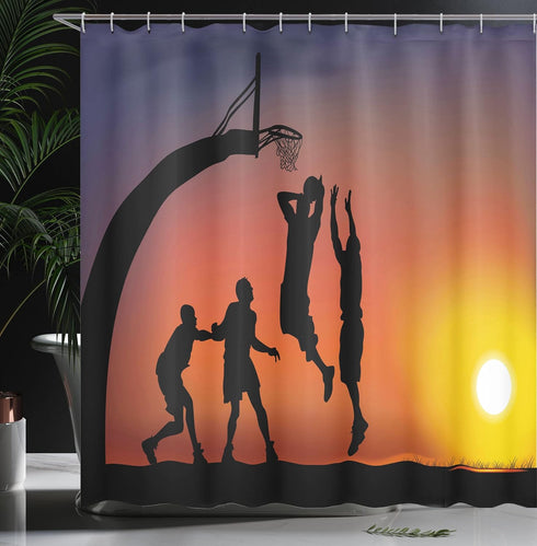 Ambesonne Teen Room Shower Curtain, Boys Playing Basketball at Sunset, 69" W x 70" L, Dark Coral Black Yellow