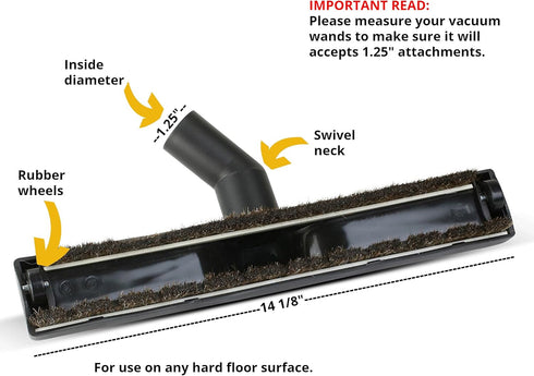 Vacuum Floor Brush Attachment, 14 Inch Brush for 1.25” Vacuum Accessories with Two Adapters for 1 3/8” & 1.5" Compatible with Shop Vac, Shark, Miele, Bissell, Hoover, Eureka, Dirt Devil by ALL PARTS ETC.