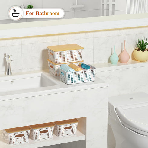 Plastic Storage Baskets with Bamboo Lid, Stackable Storage Containers for Organizing Shelves, Drawers, Desktop (6 Pack)