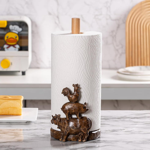 Polytree Countertop Farm Animals (Cow, Pig and Rooster) Paper Towel Holder Stand with Decoration, Hand-Carved Wood