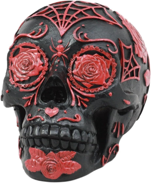 Ebros Day of The Dead Spider Web Floral Red Rose Skull Figurine - DOD Floral Black Sugar Skull Statue 5" L