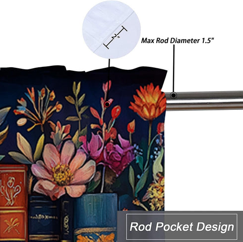 CAIJXIONG Set 2 54x18 inch Bookshelf Kitchen Curtains of Educational Bookcase Watercolor Flowers Rod Pocket Decorative
