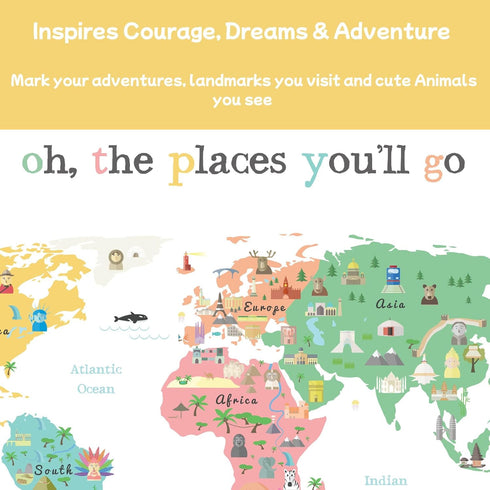 Oh the Places You'll Go Illustrated Kids World Map, 24x17”, Vibrant Educational Wall Decor with Animals